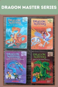 A collection of dragon master series books on table with text overlay :Dragon master Series"