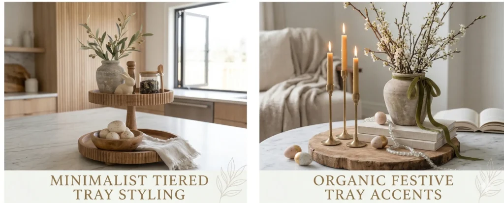A minimalist two-tier round mango wood tray on a marble countertop, featuring a small stone vase with olive branches and a faux trailing string of pearls, illustrating organic tiered tray styling. and A curated organic modern Easter tray vignette featuring an aged stone vase with budding branches and small white blossoms, unlacquered brass taper candle holders, and a matte cream ceramic bunny on a raw reclaimed wood slice base