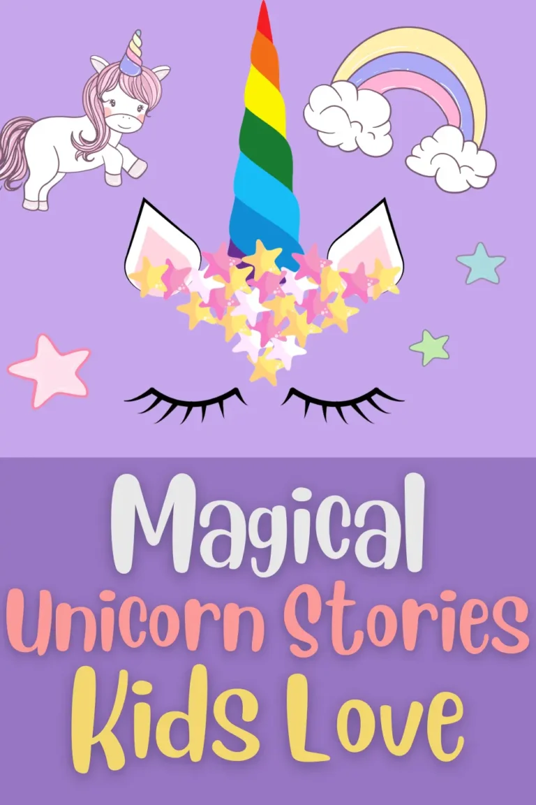 A whimsical illustration for the best unicorn books for kids featuring a rainbow horn, soft pastel stars, and a sleepy unicorn face against a purple background, paired with the playful text "Magical Unicorn Stories Kids Love."