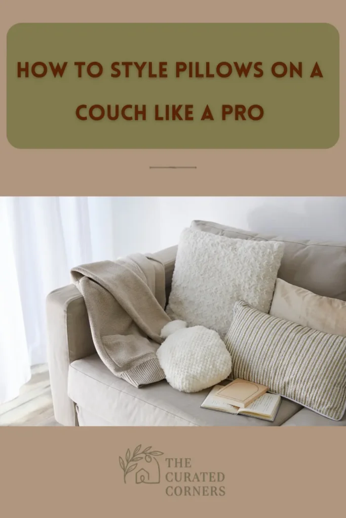 A ceam ccuch with throw pillows arranged in style with text overlay how to style pillows on couch