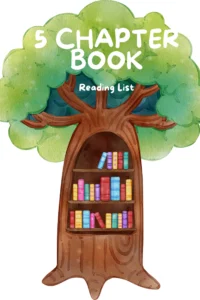 A whimsical, watercolor-style illustration of a large, leafy green tree with a cozy bookshelf carved into its trunk. The shelves are filled with colorful, small chapter books with textured spines, set against a clean white background, evoking a peaceful outdoor reading nook