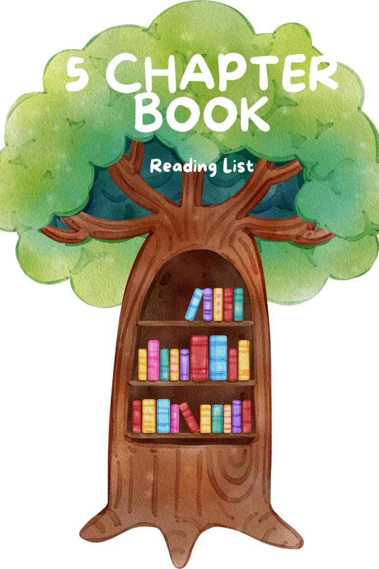 A whimsical, watercolor-style illustration of a large, leafy green tree with a cozy bookshelf carved into its trunk. The shelves are filled with colorful, small chapter books with textured spines, set against a clean white background, evoking a peaceful outdoor reading nook