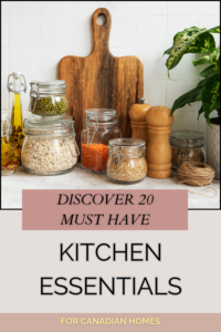 A set of kitchenessemtials like glass jars, salt and pepper mortar, wooden chopping board placed on a kitchen counter