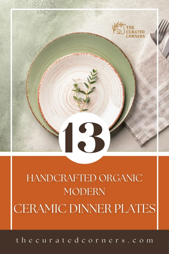 A top-down view of stacked organic modern ceramic dinner plates featuring a large sage green plate layered with a smaller cream plate with a spiral texture. The plates rest on a textured concrete surface next to a neutral checkered linen napkin, with the 'The Curated Corners' logo and the number 13 featured in a clean, modern design.