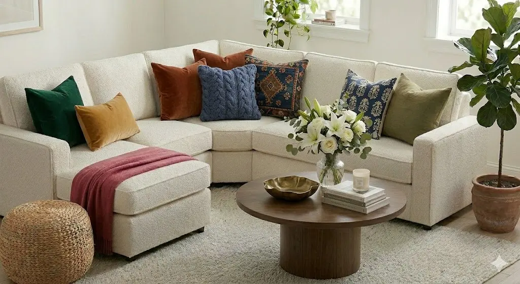 An elegantly curated corner of a cream bouclé sectional styled with diverse pillows including rust velvet, cable knit, and indigo block-prints to show how to style pillows on couch