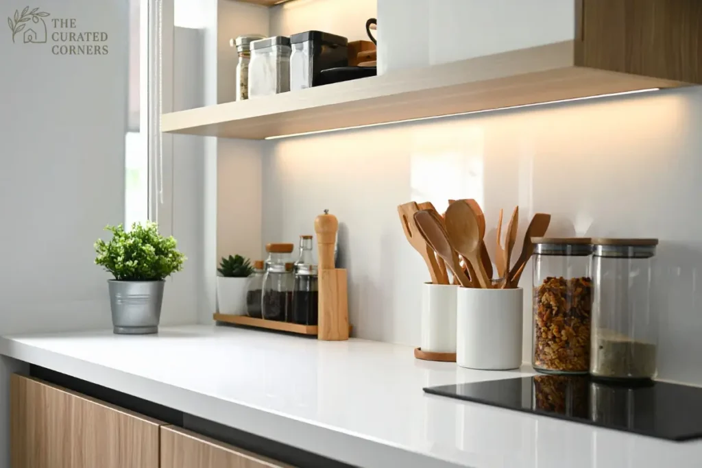 An organized, modern kitchen countertop with a warm, minimalist aesthetic. On a clean white surface sits a collection of clear glass canisters with bamboo lids, white ceramic utensil holders filled with wooden spoons, and a small wooden tray holding glass spice jars. Above the counter, a light wood floating shelf is illuminated by soft, warm under-cabinet lighting, reflecting off a glossy white backsplash. The scene is balanced by light oak cabinets and a small potted green plant, creating a peaceful and intentional atmosphere