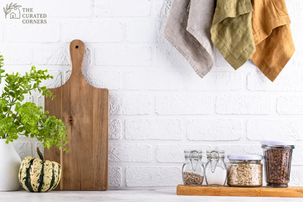 A warm, atmospheric home scene featuring a lit amber glass candle on a wooden tray. Next to the candle are delicate white baby