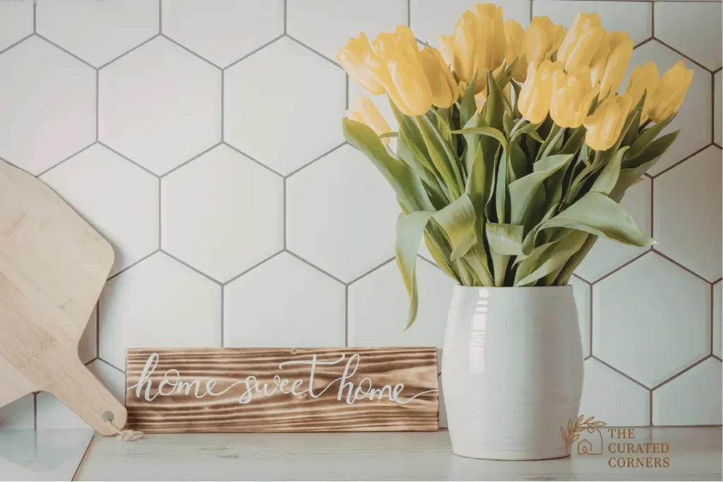 A bright and welcoming kitchen vignette featuring a vibrant bouquet of yellow tulips in a simple white ceramic vase on kitchen countertop. Beside the flowers, a rustic wooden sign with "home sweet home" in white script leans against a modern white hexagon tile backsplash. The composition is rounded out with a light wood cutting board, creating a sense of seasonal freshness and peaceful, curated warmth.