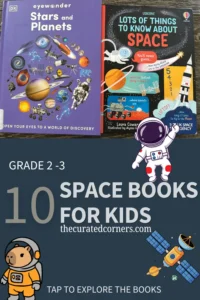A vertical Pinterest-style graphic featuring two space books at the top: 'Eye Wonder: Stars and Planets' and 'Lots of Things to Know About Space.' Below the books, a navy blue section displays the text 'Grade 2-3: 10 Space Books for Kids' along with the URL thecuratedcorners.com. The design is accented with playful space-themed illustrations, including an astronaut, a cartoon capybara in a space suit, a satellite, and planets. At the bottom, a call to action reads, 'Tap to Explore the Books.' The overall feel is educational, adventurous, and perfectly curated for a children's home library