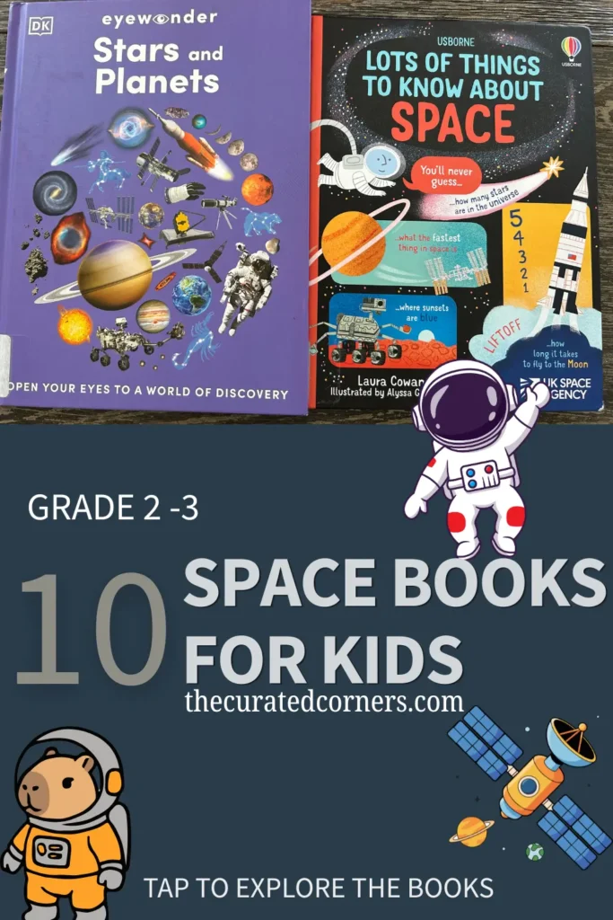 A vertical Pinterest-style graphic featuring two space books at the top: 'Eye Wonder: Stars and Planets' and 'Lots of Things to Know About Space.' Below the books, a navy blue section displays the text 'Grade 2-3: 10 Space Books for Kids' along with the URL thecuratedcorners.com. The design is accented with playful space-themed illustrations, including an astronaut, a cartoon capybara in a space suit, a satellite, and planets. At the bottom, a call to action reads, 'Tap to Explore the Books.' The overall feel is educational, adventurous, and perfectly curated for a children's home library